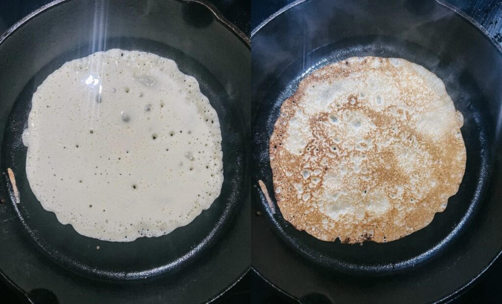 2 pictures. An uncooked crepe in skillet and a cooked crepe in skillet.